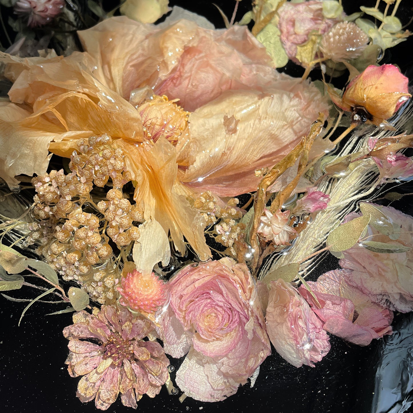 Peony, Eucalyptus, Ranunculus, Yarrow, Black