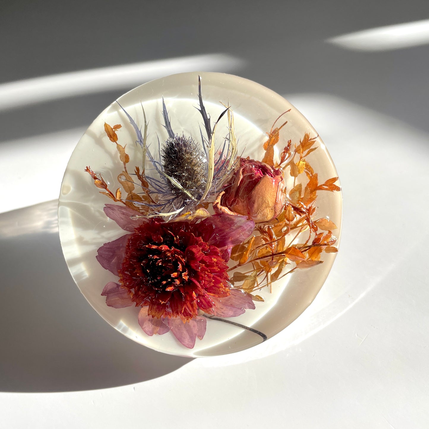 Dahlia Totally Tangerine, Thistle, Rose, Eucalyptus, Solid White